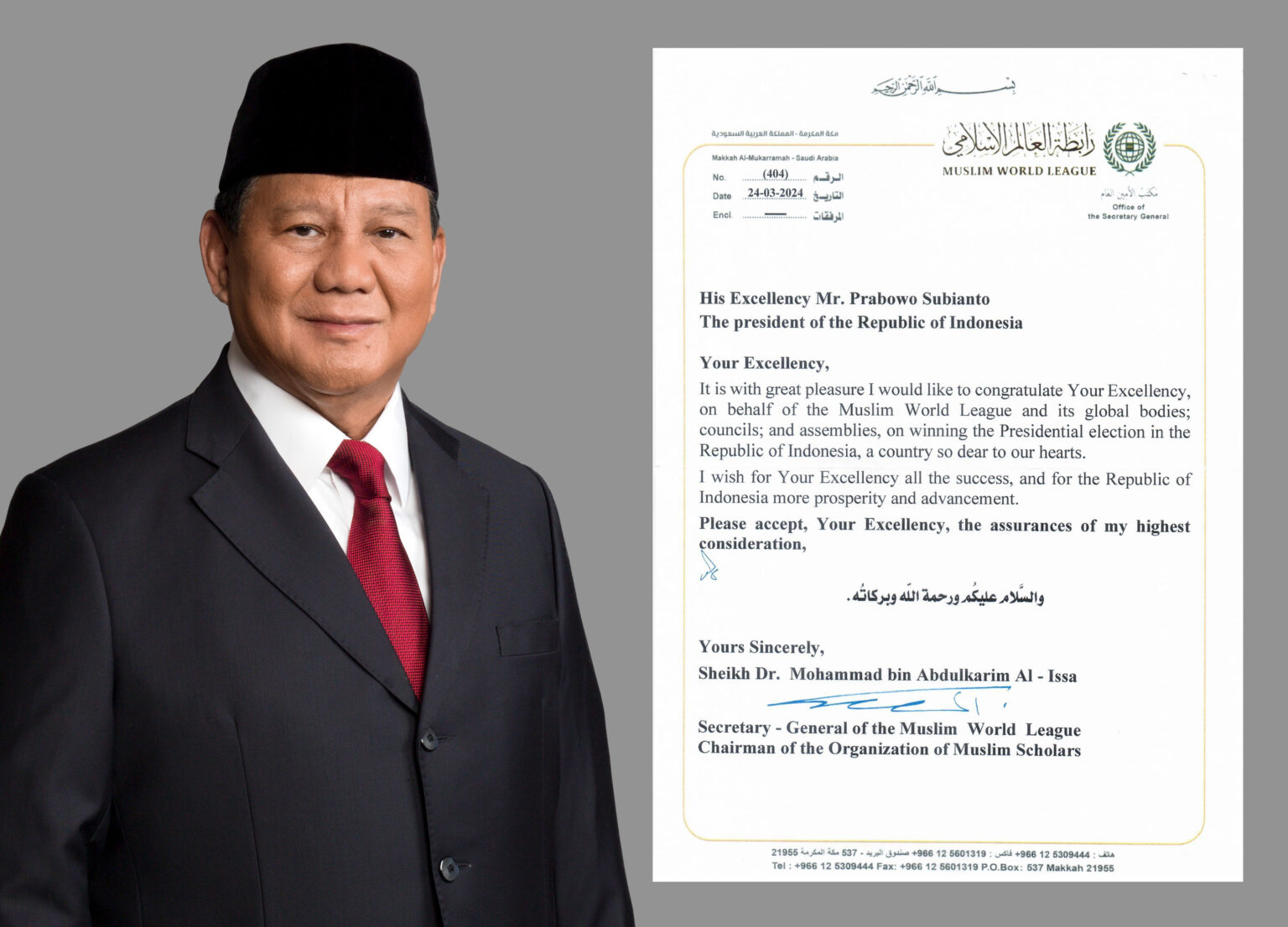 World Muslim League Offers Congratulations to Prabowo Subianto on His Presidential Election Win